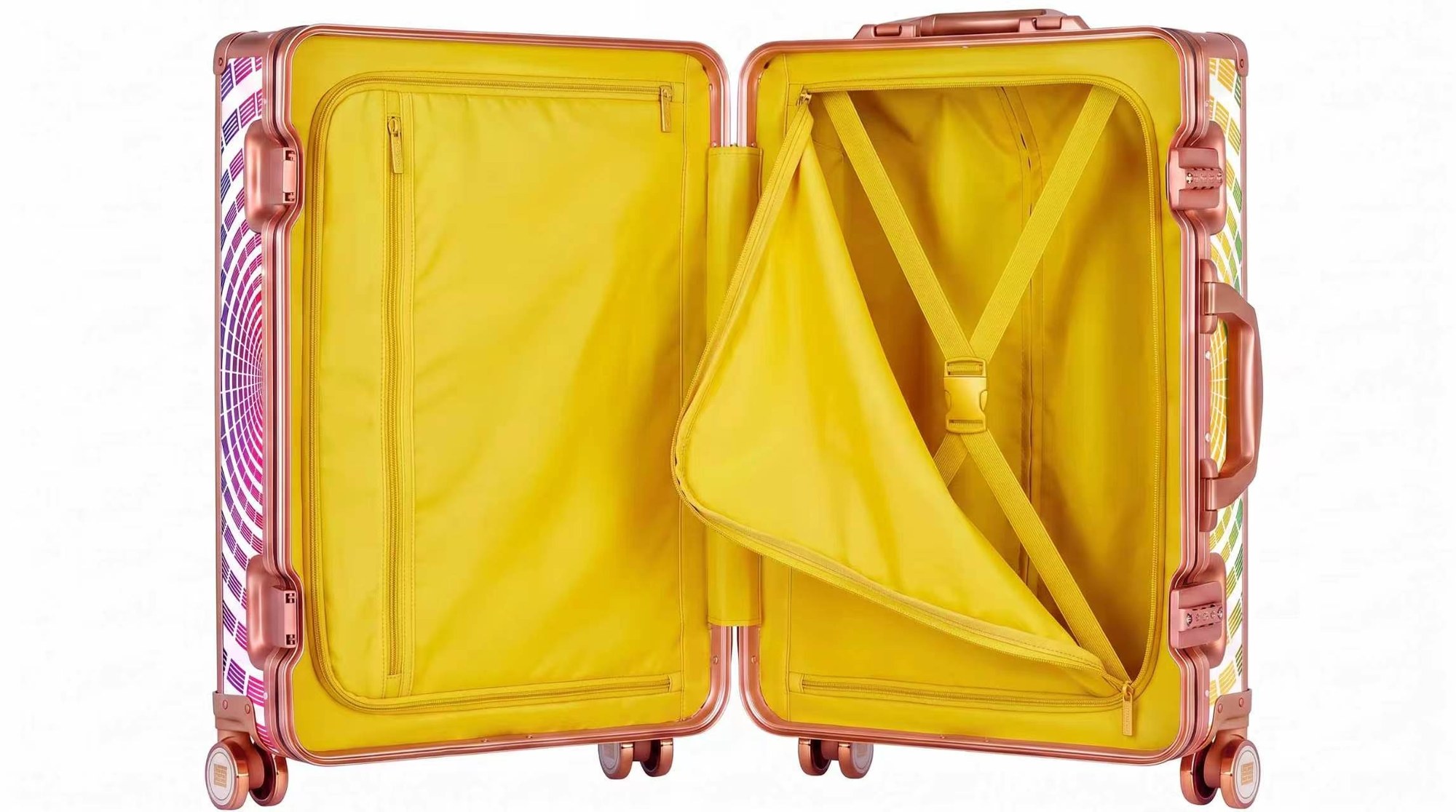 The carry-on, open: lined in house yellow, as both versions are