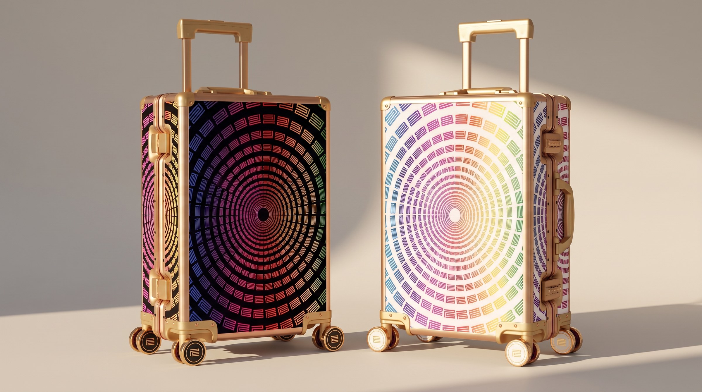 The carry-on in noir and blanc, side by side: the radial print, gold frame and gold wheels