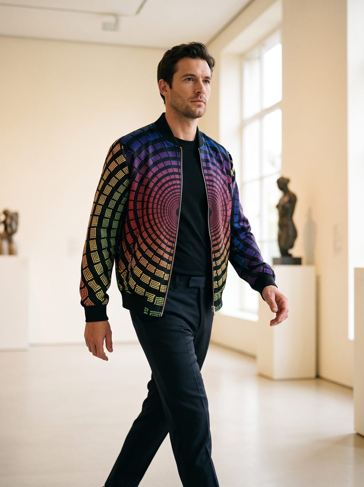 The Bomber Noir, worn open, the PS zip in gold